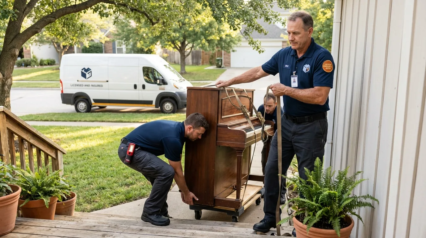 Licensed piano movers securing grand piano in Chapel Hill, NC