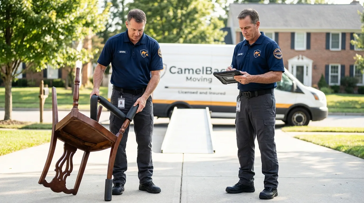 Movers inspecting furniture for damage prevention before loading in Chapel Hill, NC